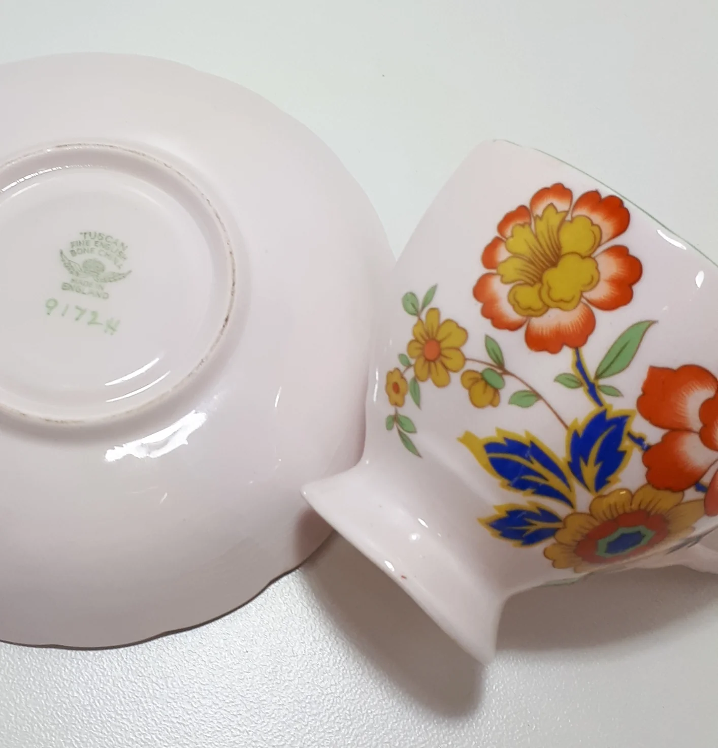 1950's Tuscan Fine English Bone China (RH & SL Plant Ltd.) Tea Duo - Floral on Pink Background - 9172H - Image 5