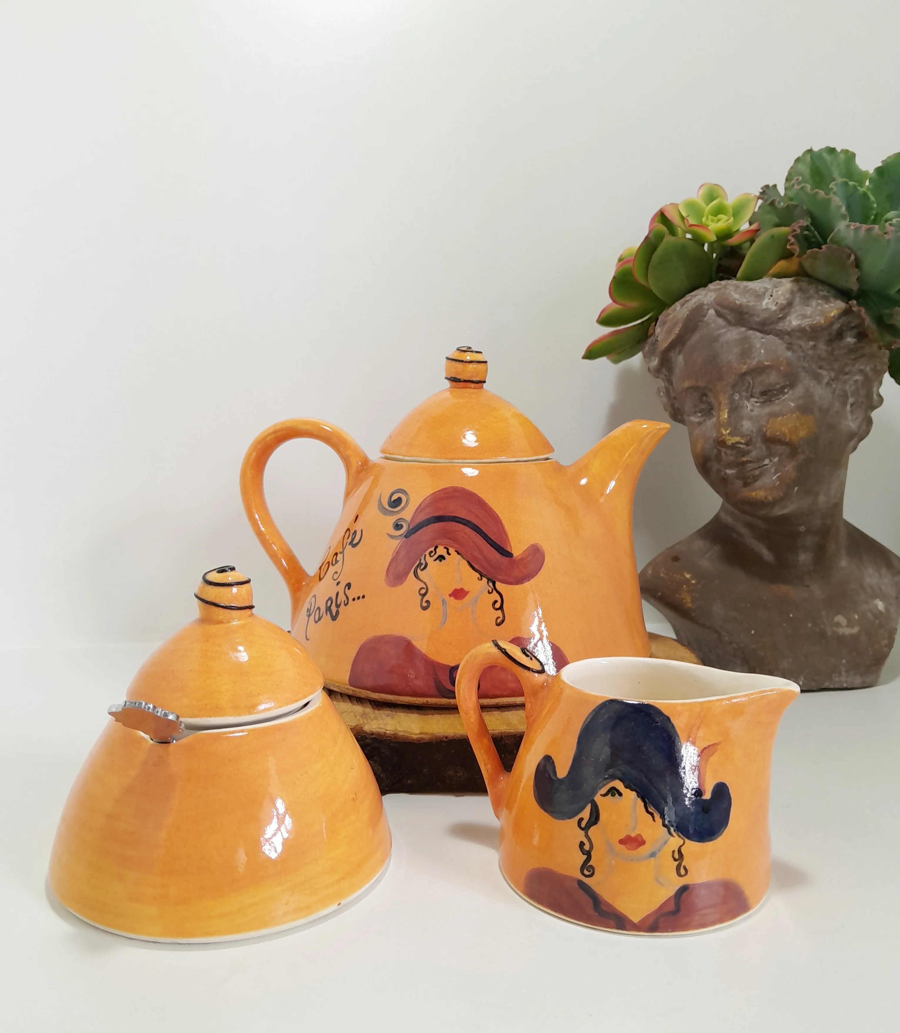 3 Piece Hand-painted Glazed Pottery Tea Set in a Vibrant Orange Colour with Black Trim on Finials and Including a Silver Coloured Sugar Spoon - Image 3