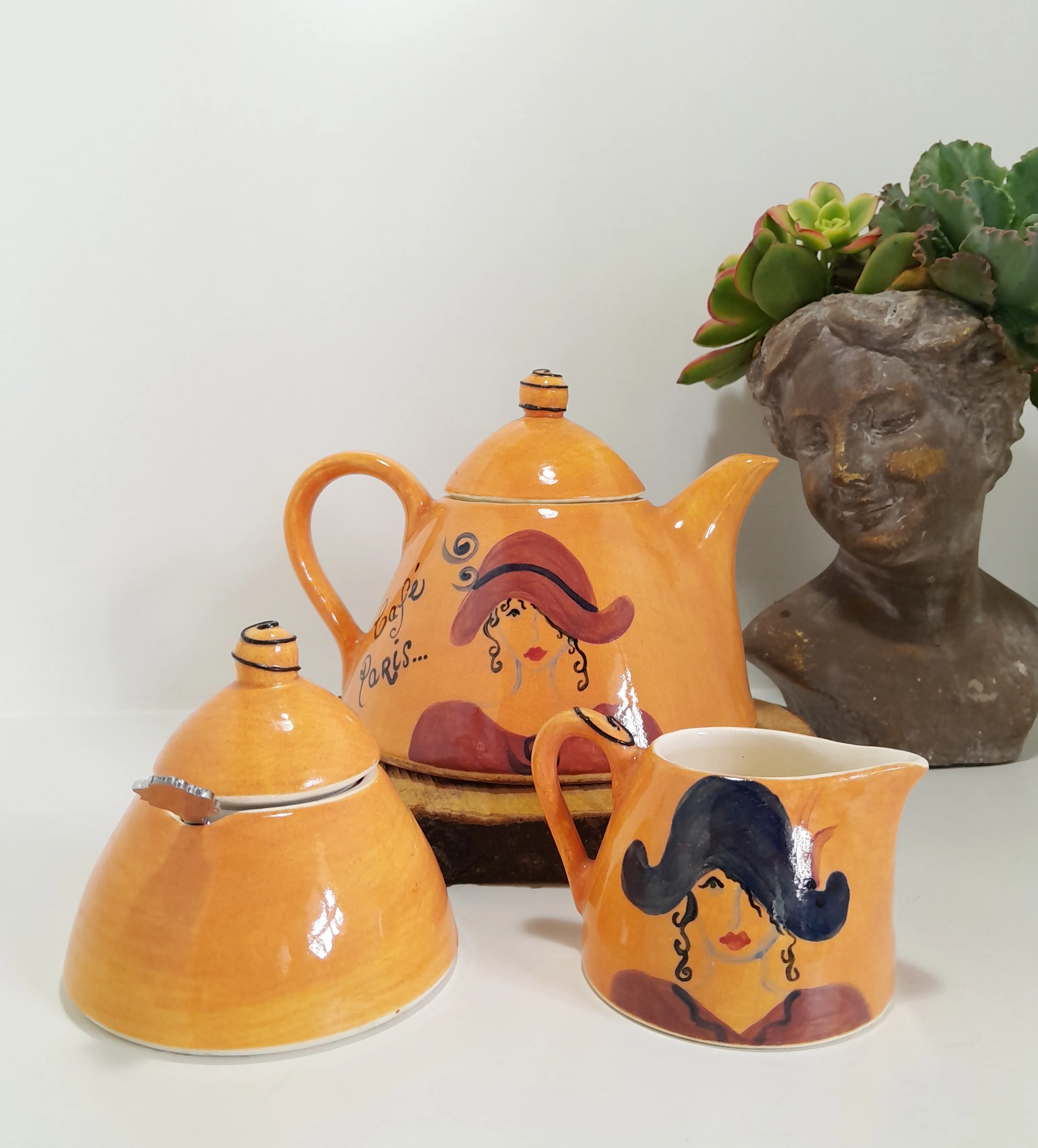 3 Piece Hand-painted Glazed Pottery Tea Set in a Vibrant Orange Colour with Black Trim on Finials and Including a Silver Coloured Sugar Spoon - Image 4