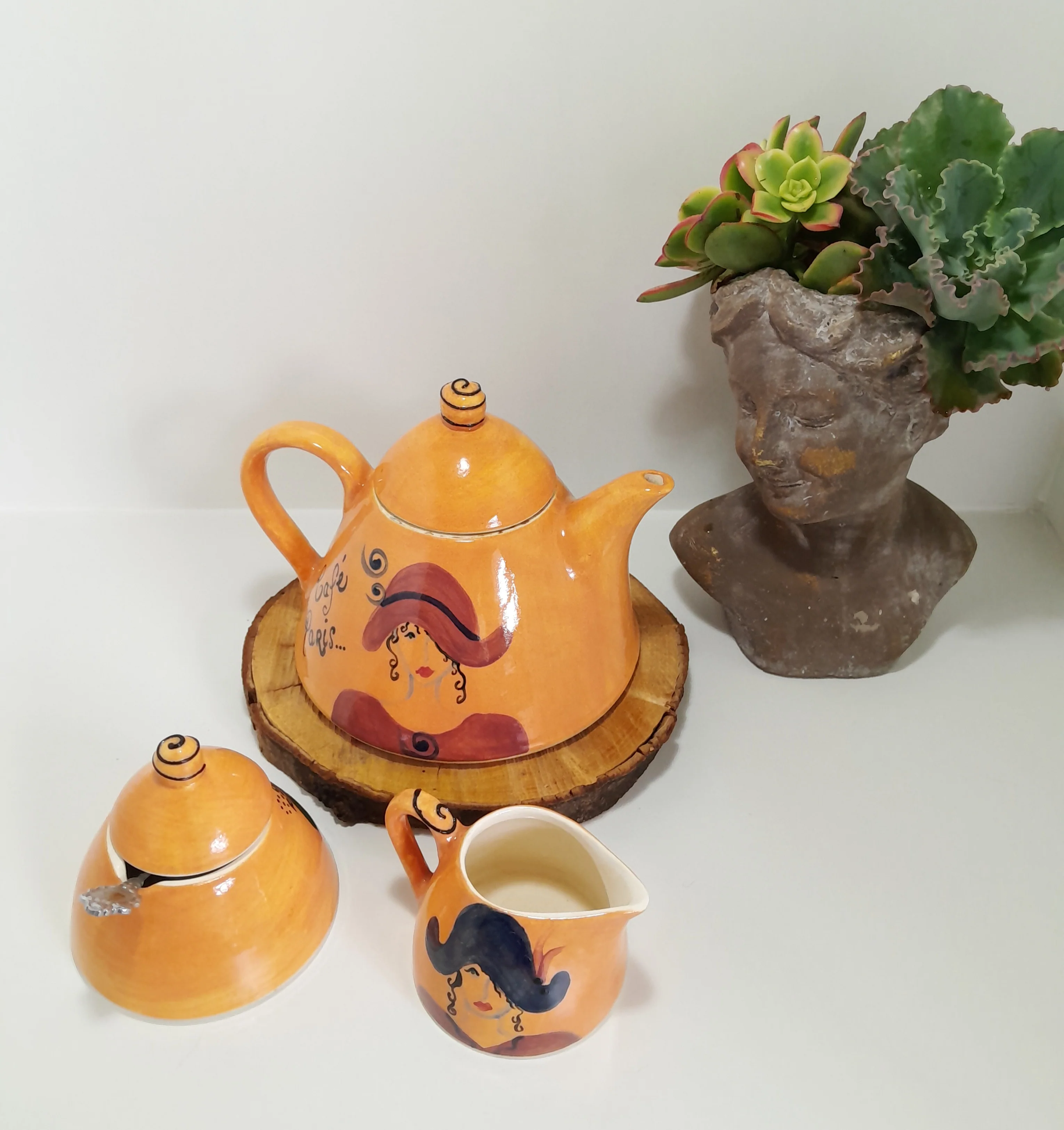 3 Piece Hand-painted Glazed Pottery Tea Set in a Vibrant Orange Colour with Black Trim on Finials and Including a Silver Coloured Sugar Spoon - Image 5
