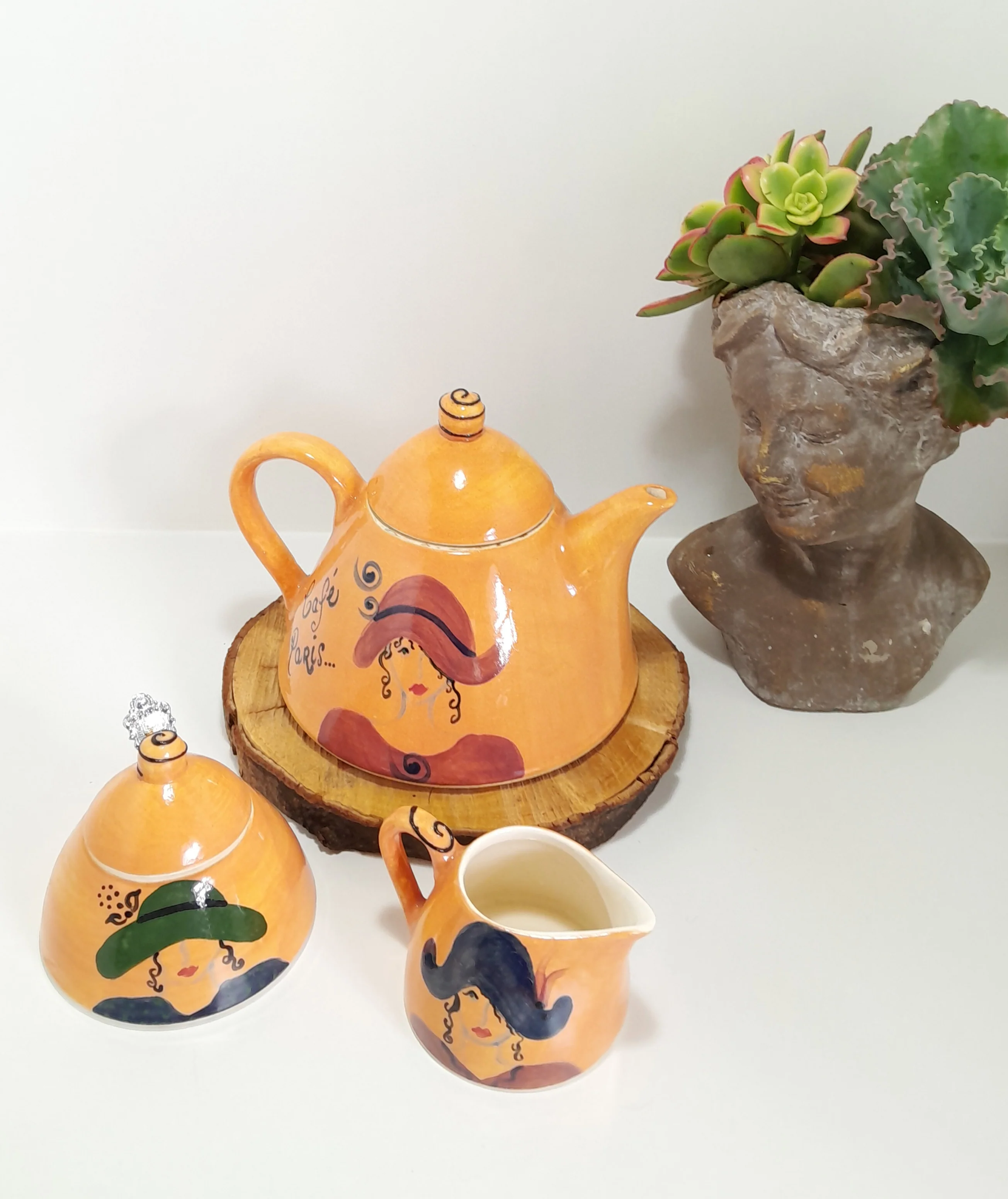 3 Piece Hand-painted Glazed Pottery Tea Set in a Vibrant Orange Colour with Black Trim on Finials and Including a Silver Coloured Sugar Spoon - Image 6