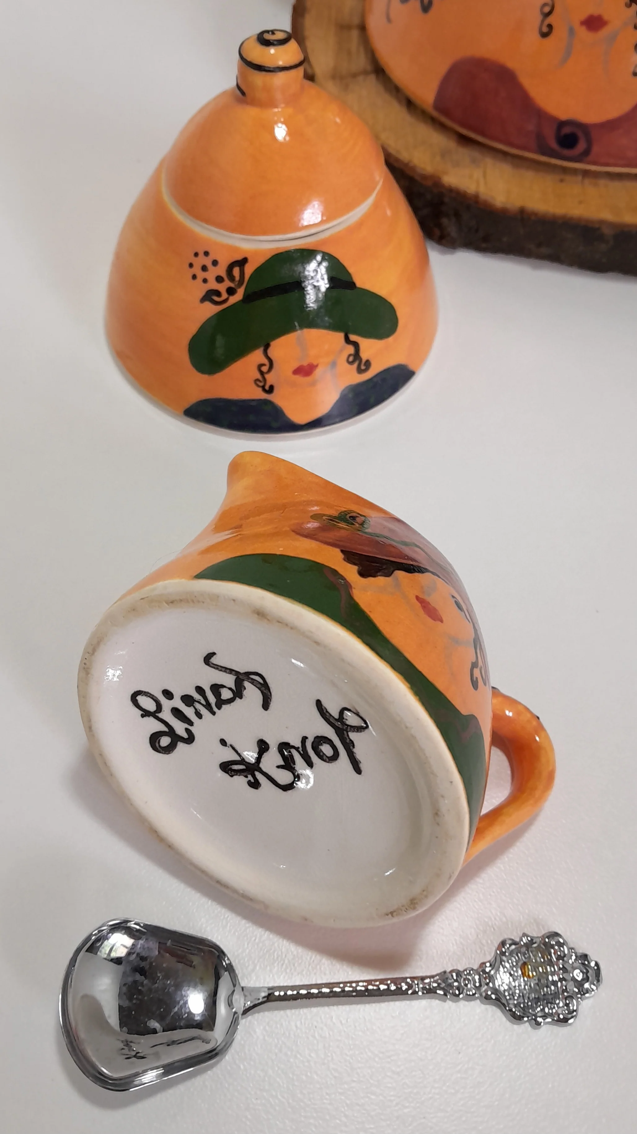 3 Piece Hand-painted Glazed Pottery Tea Set in a Vibrant Orange Colour with Black Trim on Finials and Including a Silver Coloured Sugar Spoon - Image 8