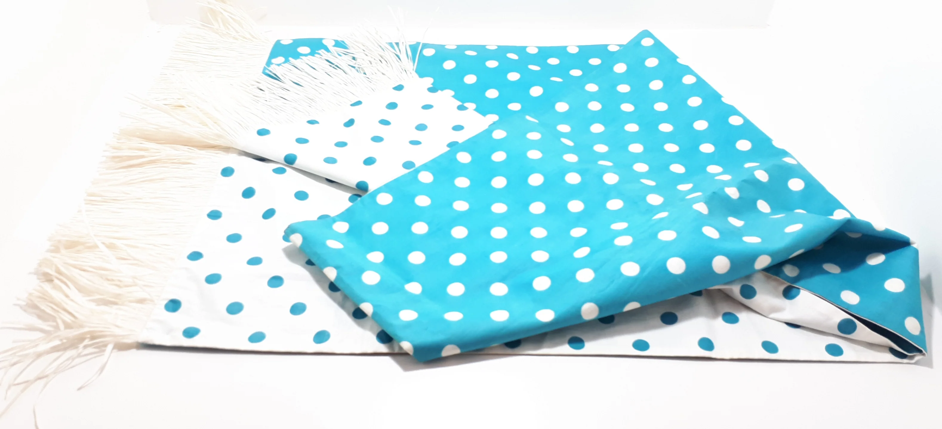 Contemporary Reversible Blue & White Polka Dot Table Runner With Raffia Tassels - Image 3