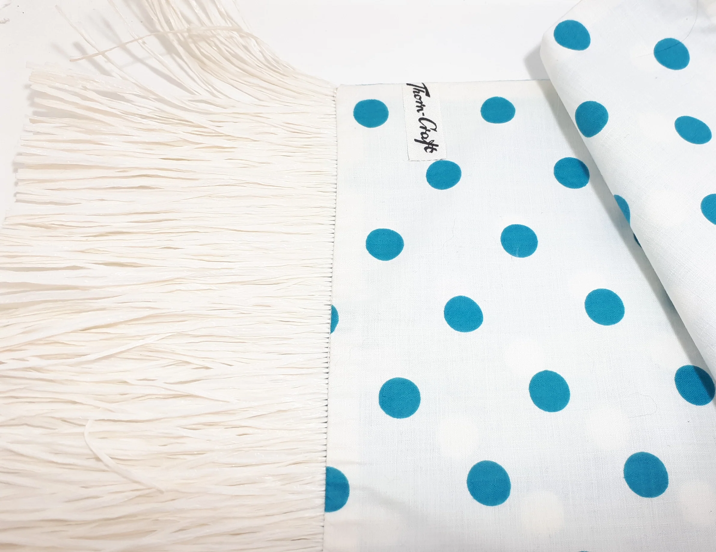 Contemporary Reversible Blue & White Polka Dot Table Runner With Raffia Tassels - Image 4