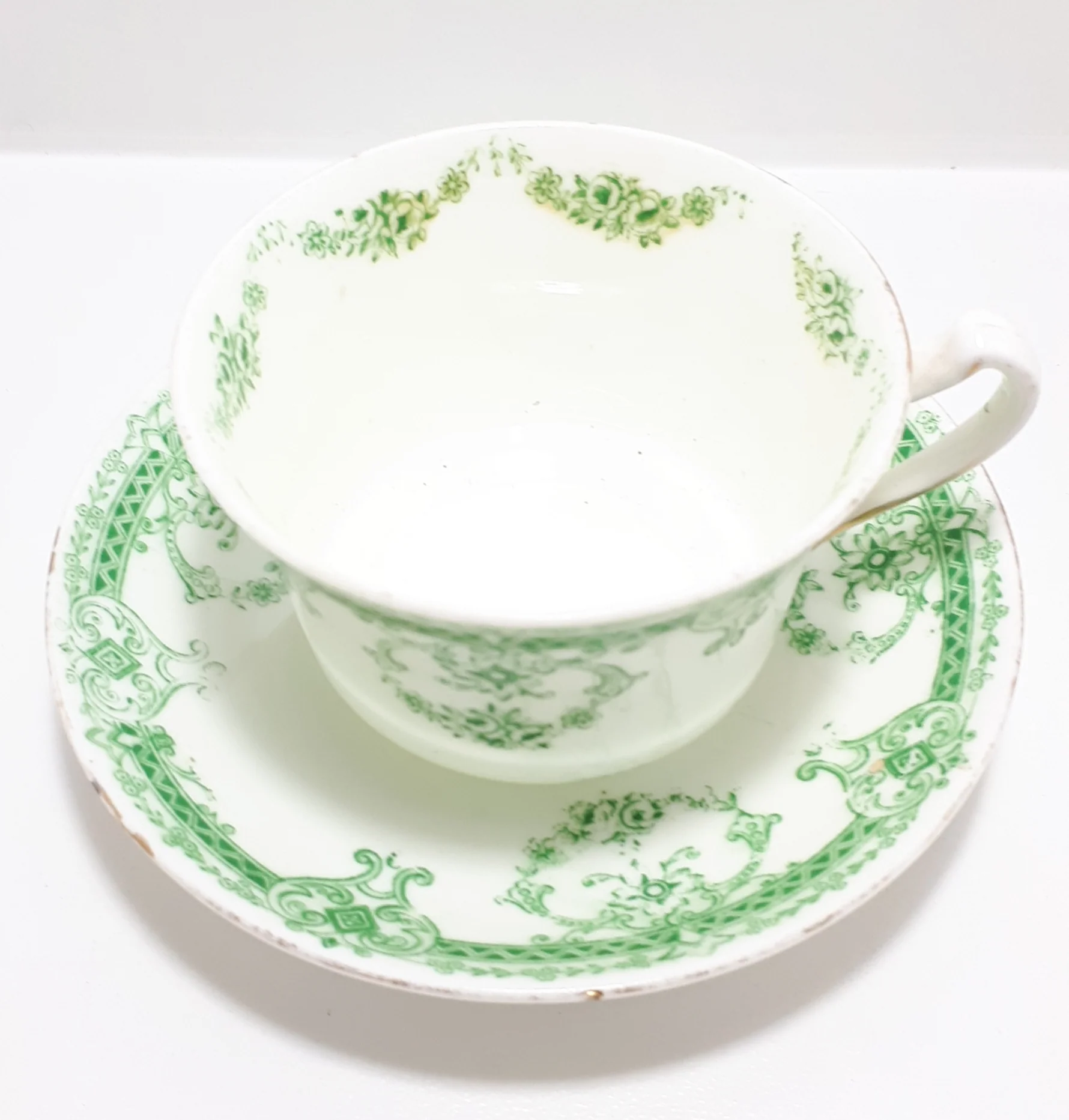 Extremely Rare Antique 1912 Royal Stafford (Thomas Poole, Cobden) Fine Porcelain Tea Duo – Green Transferware Royal Rose Pattern - Image 3