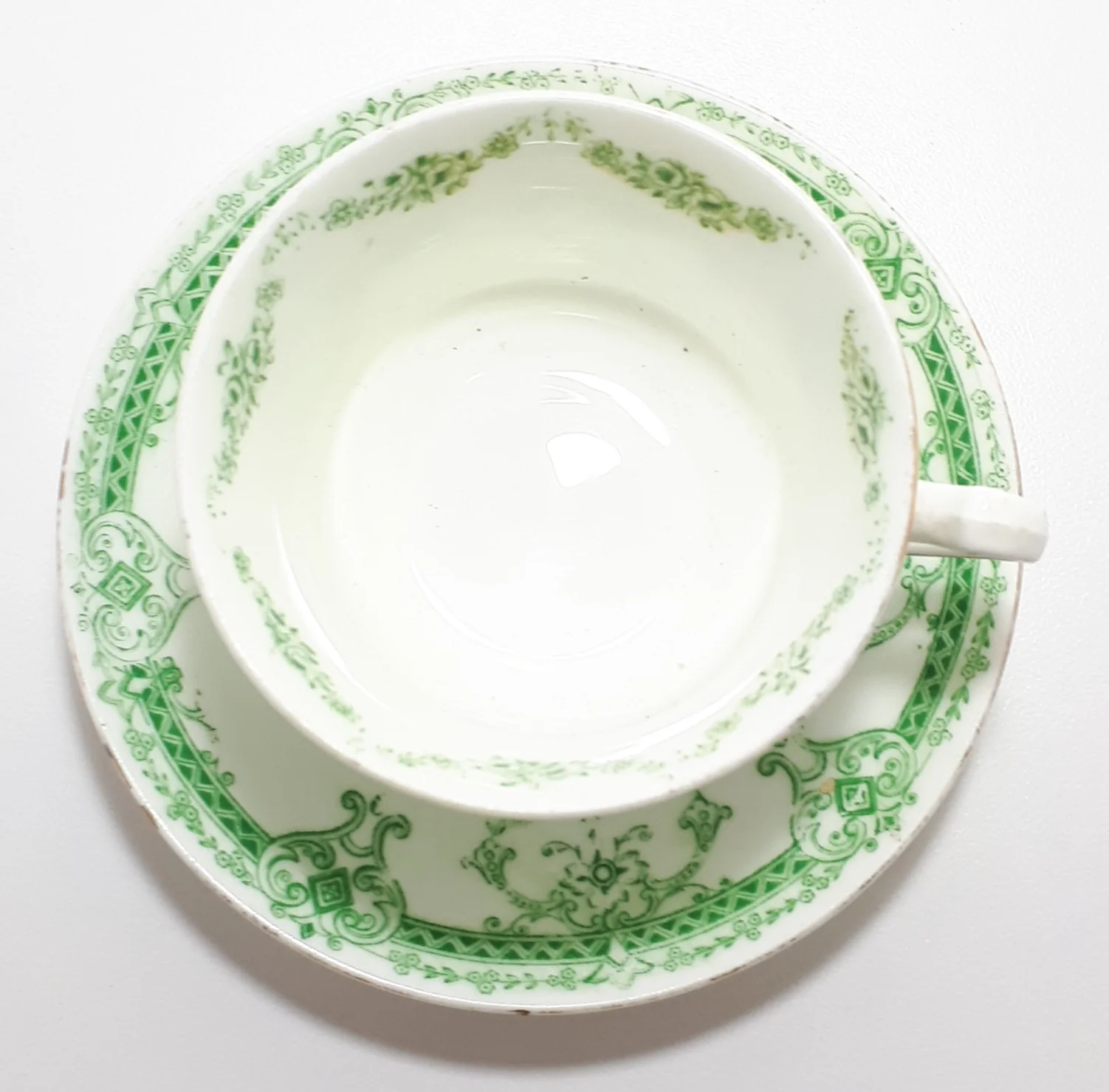 Extremely Rare Antique 1912 Royal Stafford (Thomas Poole, Cobden) Fine Porcelain Tea Duo – Green Transferware Royal Rose Pattern - Image 4