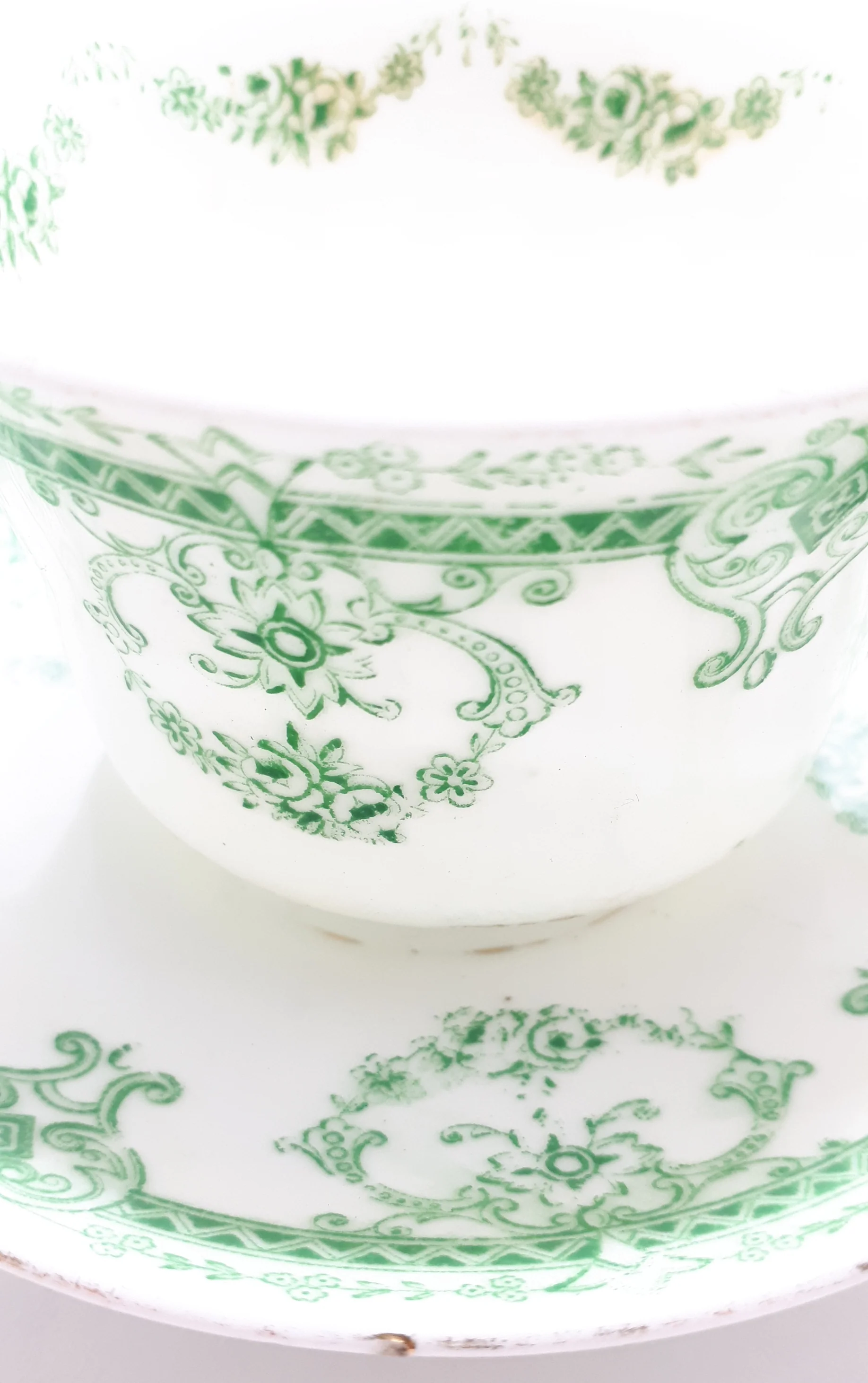 Extremely Rare Antique 1912 Royal Stafford (Thomas Poole, Cobden) Fine Porcelain Tea Duo – Green Transferware Royal Rose Pattern - Image 5