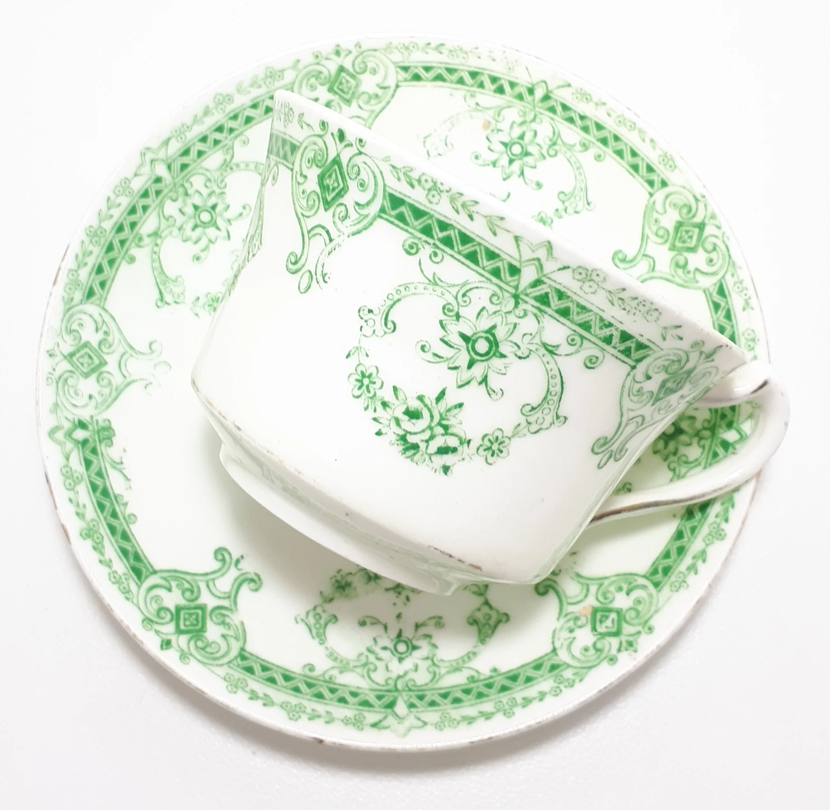 Extremely Rare Antique 1912 Royal Stafford (Thomas Poole, Cobden) Fine Porcelain Tea Duo – Green Transferware Royal Rose Pattern - Image 6