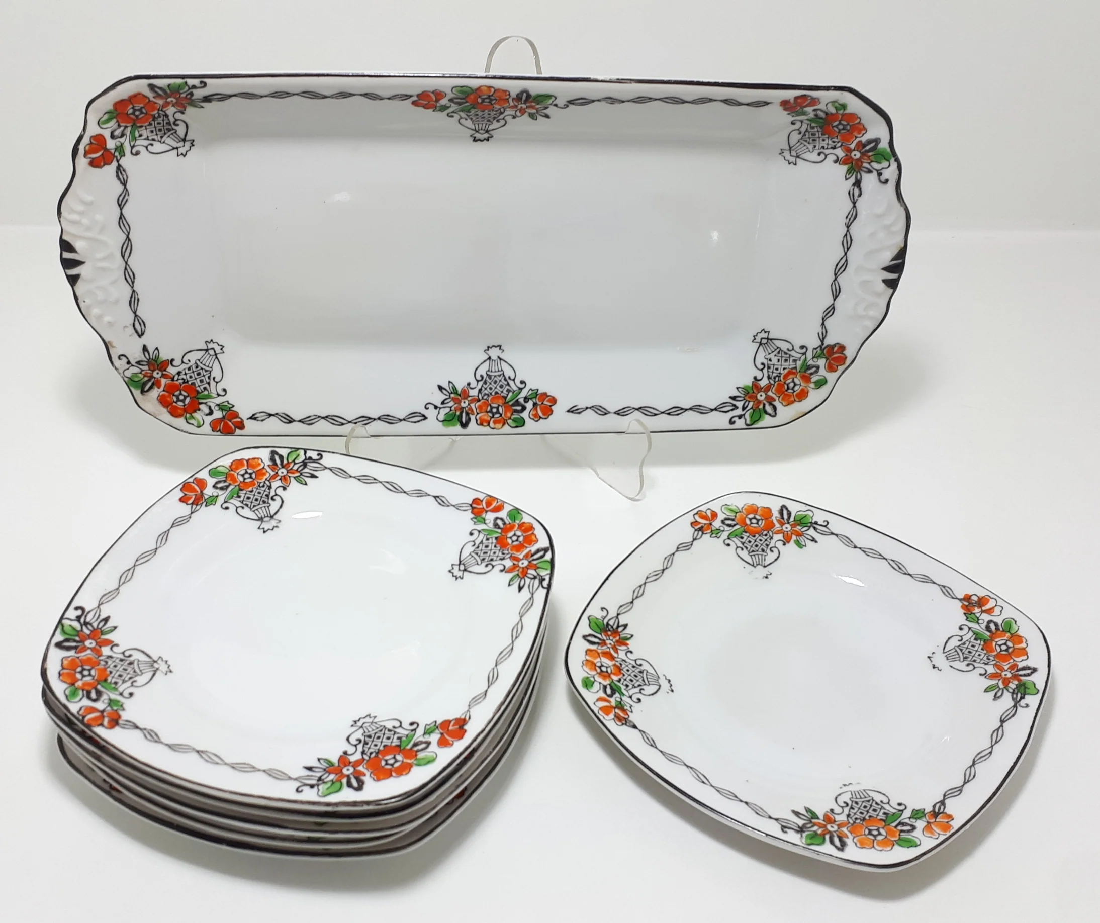 Vintage Set Of Fine Porcelain Sandwich Tray and 6 Matching Small Plates - Image 3