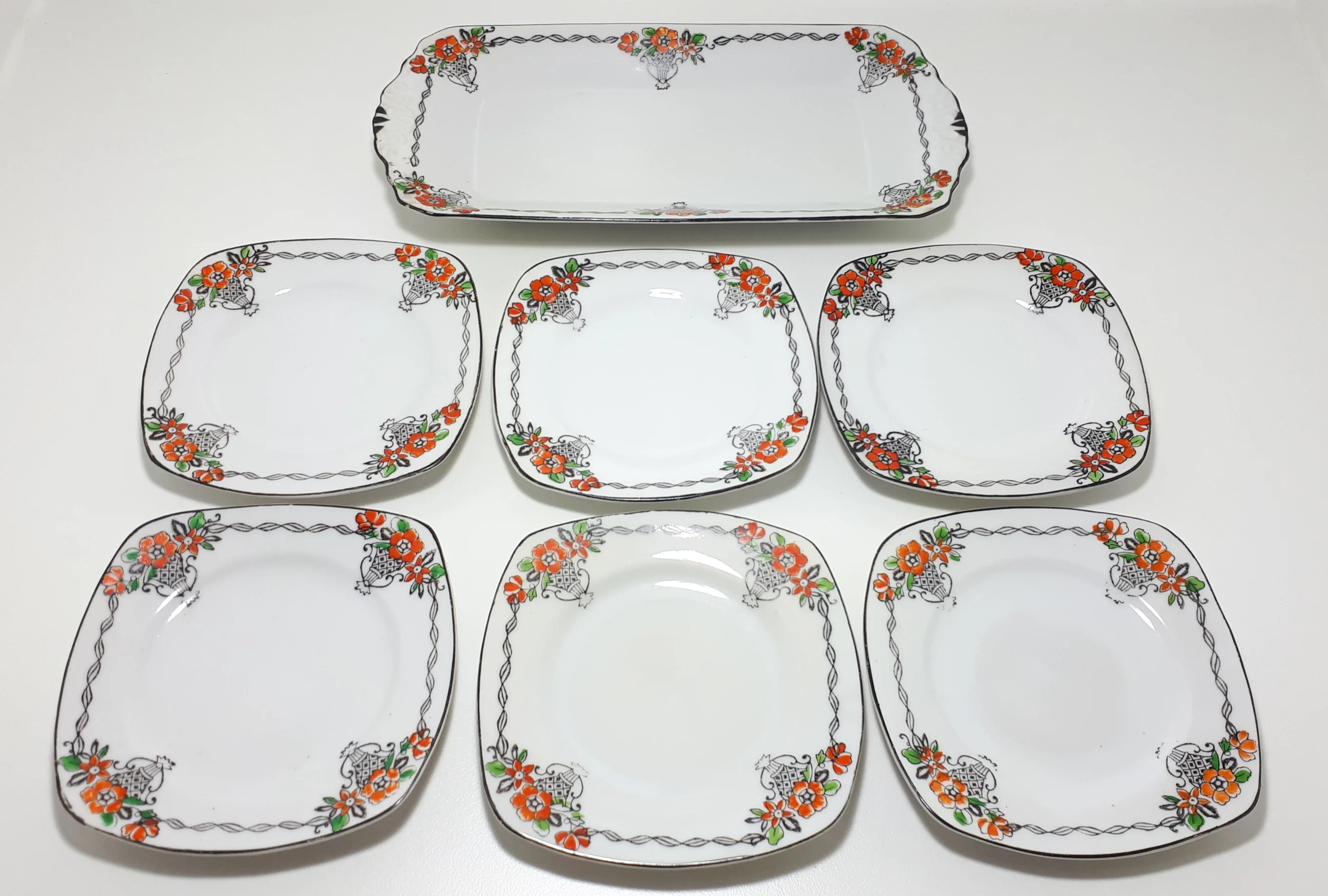 Vintage Set Of Fine Porcelain Sandwich Tray and 6 Matching Small Plates - Image 4