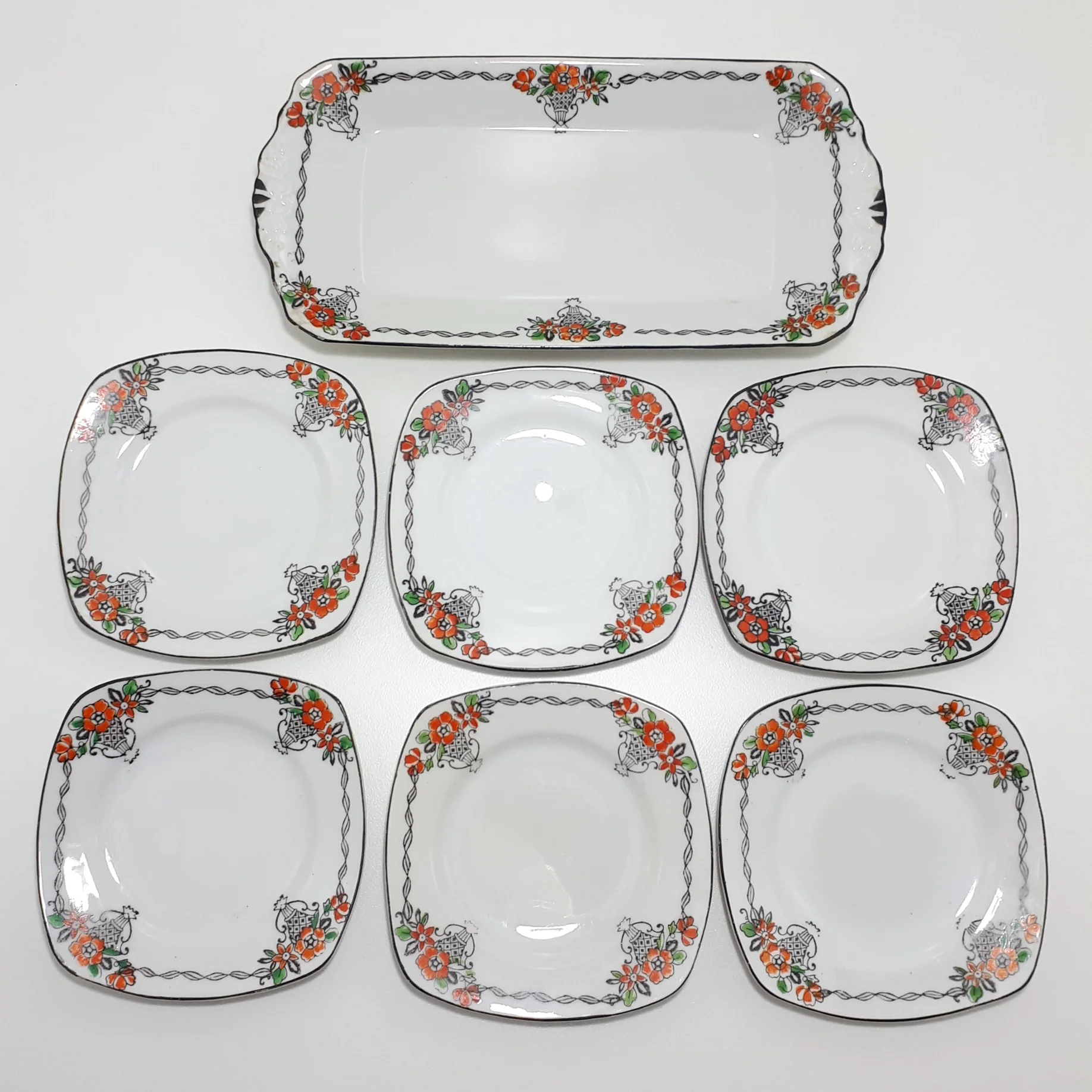 Vintage Set Of Fine Porcelain Sandwich Tray and 6 Matching Small Plates - Image 6