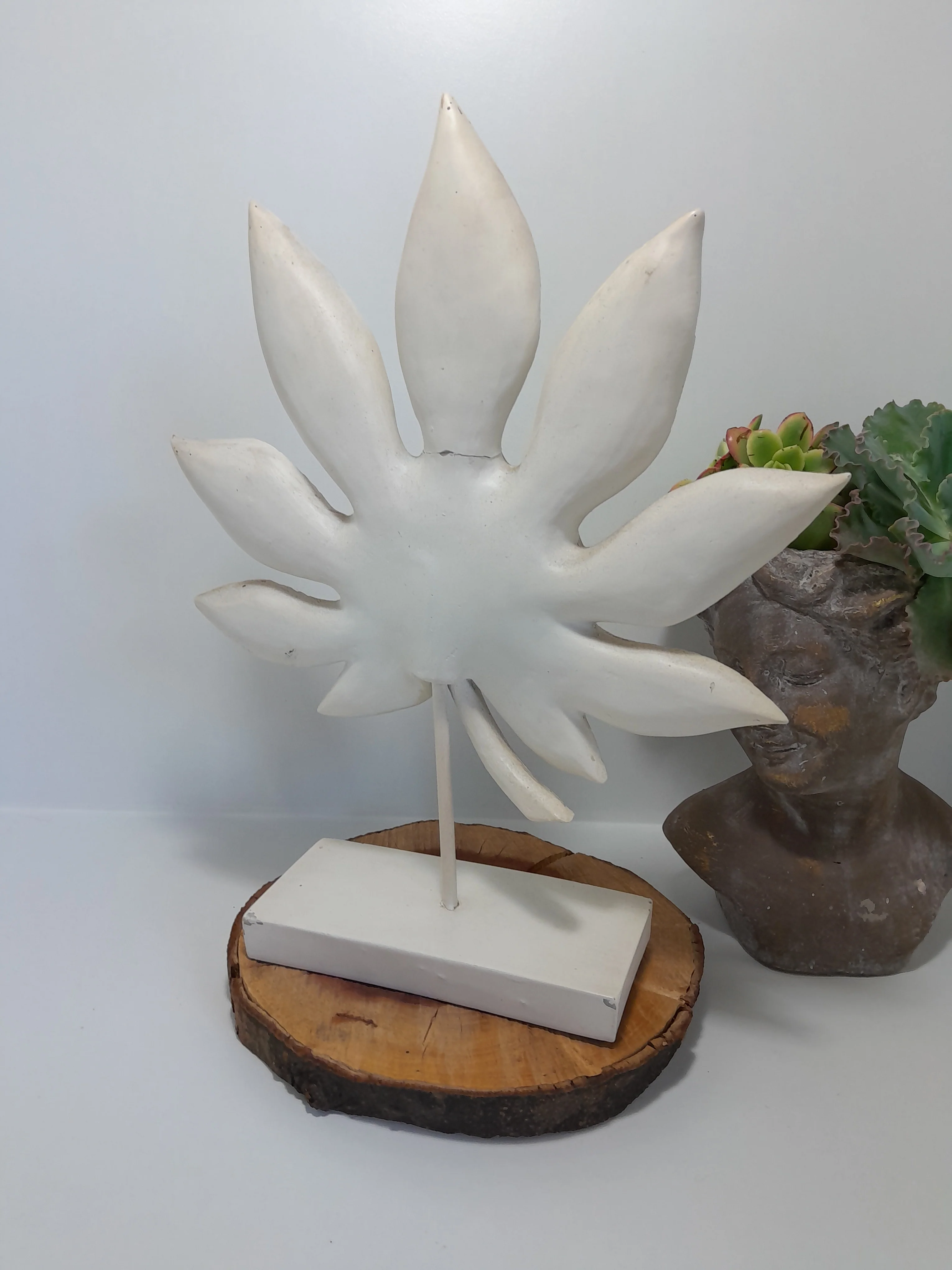White Resin Carved Leaf Sculpture on a Stand - Home Decor - Image 3