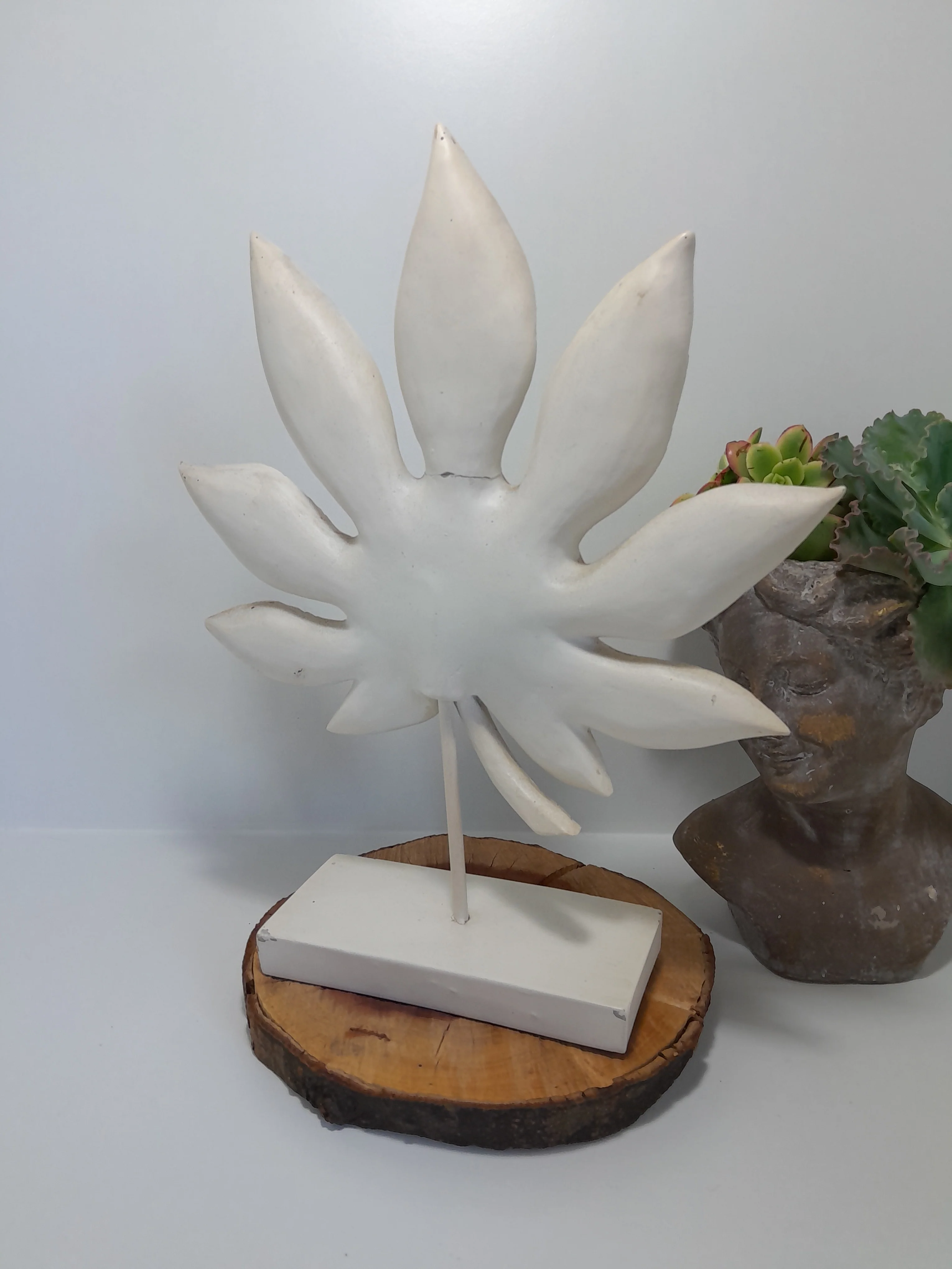 White Resin Carved Leaf Sculpture on a Stand - Home Decor - Image 4